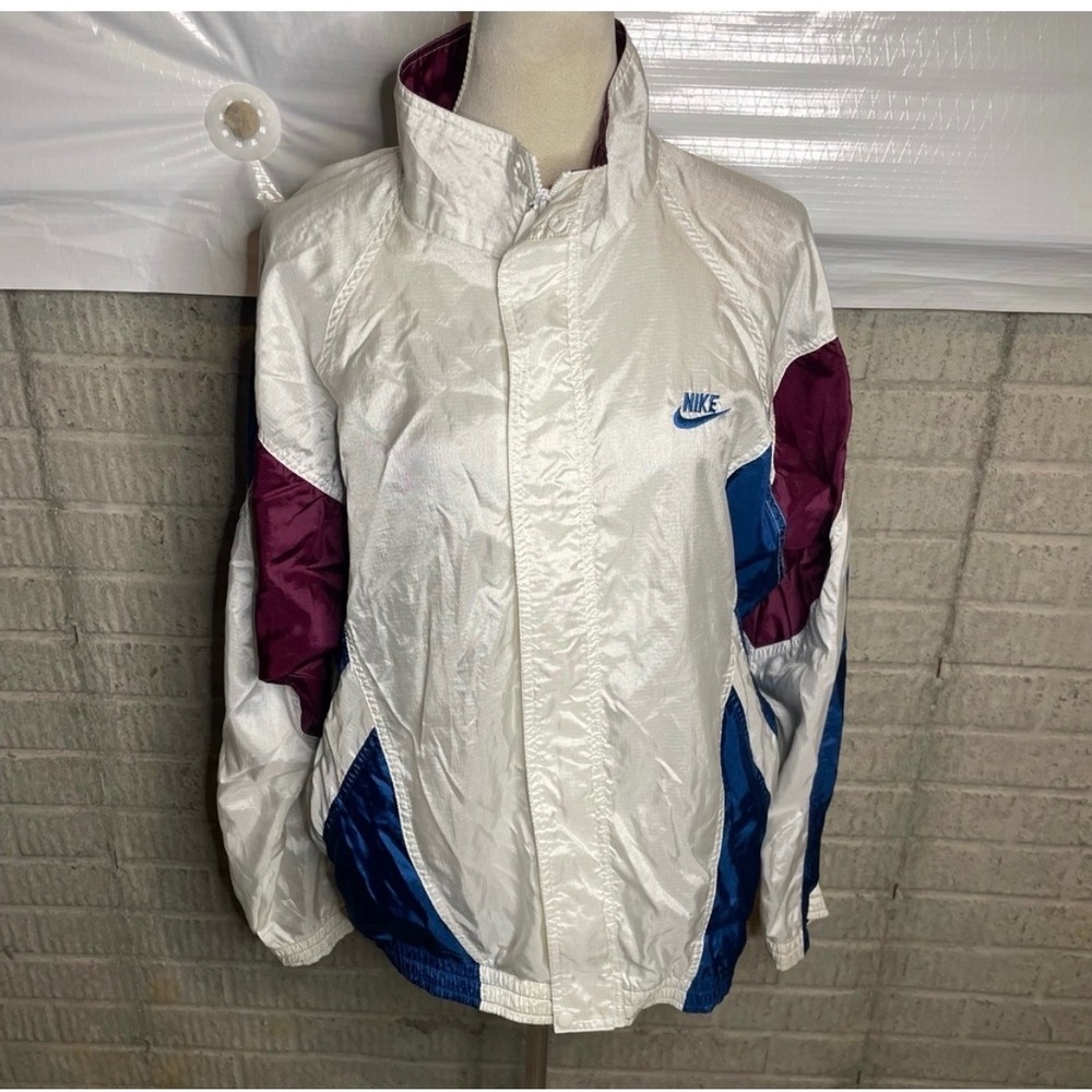 Vintage‎ Nike Windbreaker Jacket White Blue Burgundy Colorblock Athletic Women M